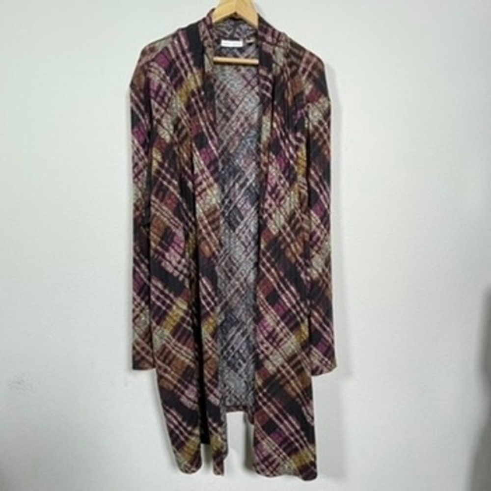 Susan Graver‎ Cardigan Women 4X Purple Plaid Layer Cozy Open Front Longline Knit